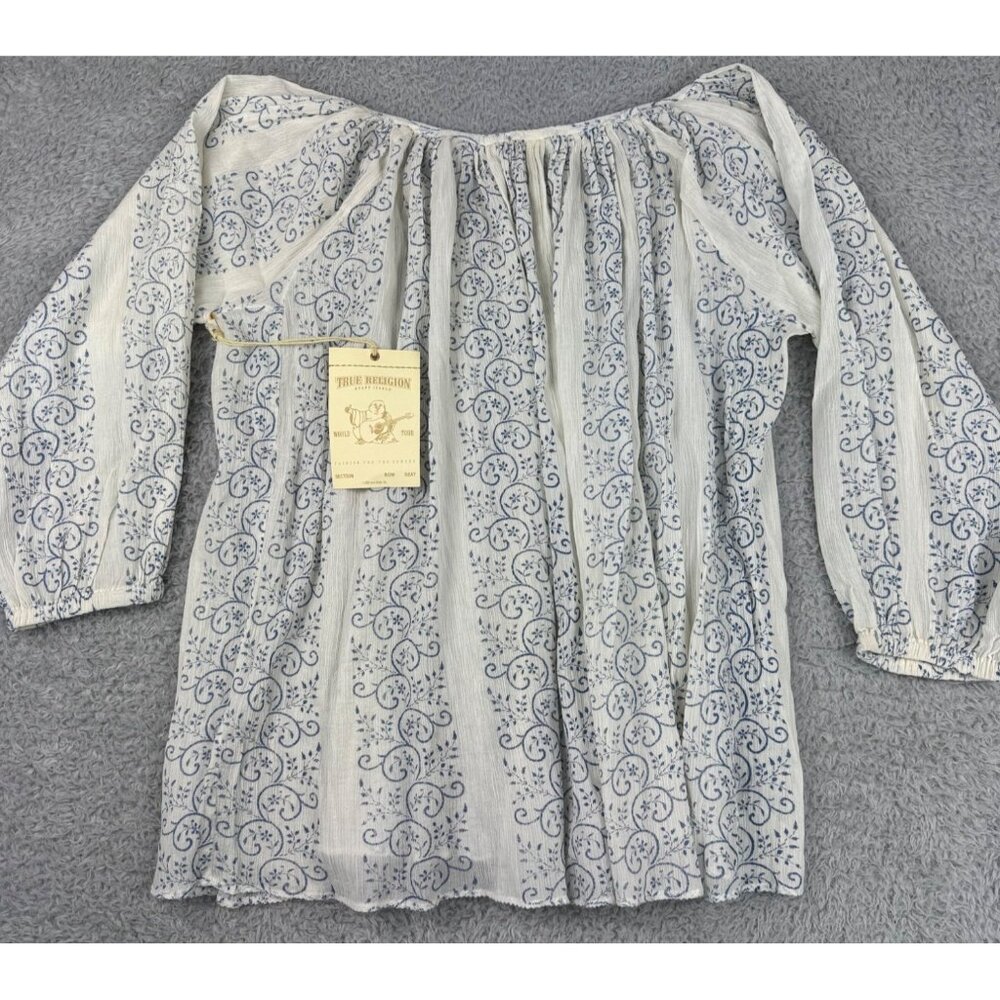 True Religion Womens Boho Top S Blue & White Trellis Print With Princess Seams - Picture 16 of 16